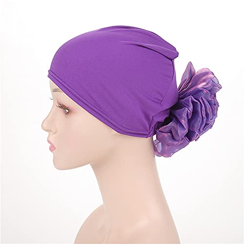 Women Flower Elastic Turban Beanie Head Scarf wrap Chemo Cap hat for Cancer Patient - color: Purple