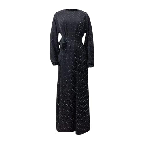 Muslim Dresses for Women Maxi Dress with Belt Long Sleeve Crew Neck Dress Long Casual Church Dress Prayer Clothes - color: Black, size: Medium