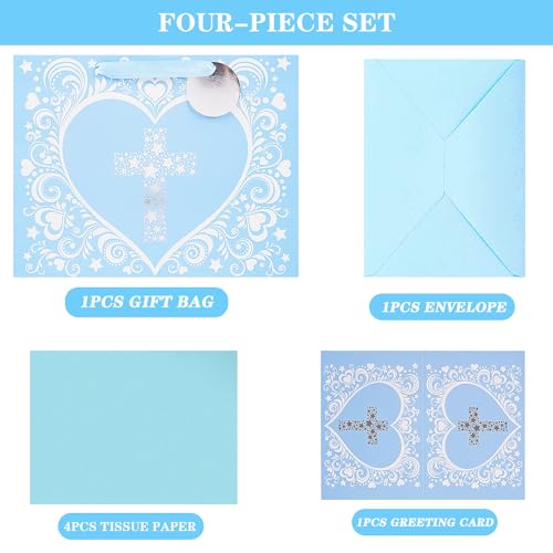 JWSCYSY 12.6" Large Blue Gift Bag with Metallic Silver Star Cross Design, Card and Tissue Paper for Baby Boy Baptisms, Christenings, First Communions Religious - color: Blue 12.6"