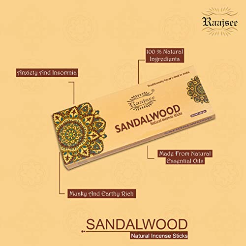 Raajsee Sandalwood Incense Sticks 100 Gm Pack-100% Pure Organic Natural Hand Rolled Free from Chemicals-for Church,Aroma Therapy,Relaxation,Meditation & Sensual Therapy - color: Sandalwood