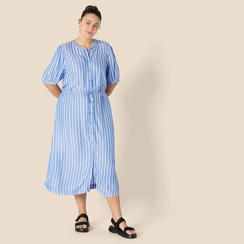 Amazon Essentials Women's Relaxed Fit Half-Sleeve Breathable Button Front Drawstring Waist Midi A-Line Dress with Pockets - color: French Blue/White Stripe, size: Small