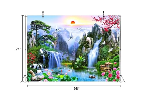BELECO 8x6ft Fabric Fairyland Mountain Lake Photography Backdrop Waterfalls Swans Fish Flowers Dreamy Natural Landscape Painting Background Wall Murals Home Decor Kids Adults Portrait Photoshoot - size: 8x6FT