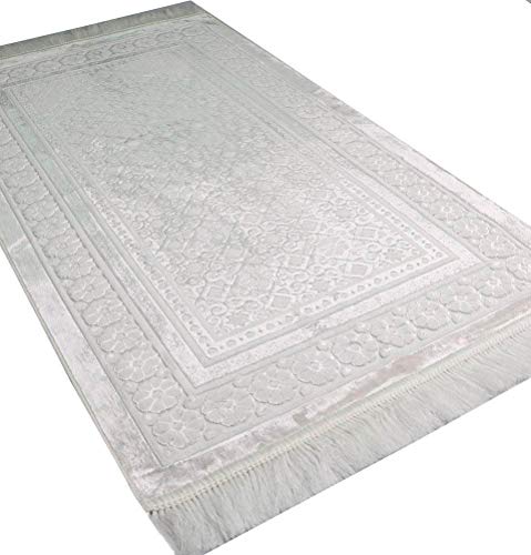 Modefa Velvet Prayer Rug - Soft Plush Turkish Janamaz Sajada Carpet for Men and Women - Plain Solid Prayer Mat Ramadan Eid Gift - with Prayer Beads - Luxury Floral Stamp (White) - color: White
