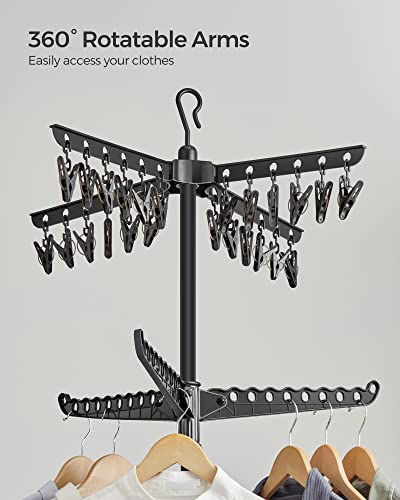 SONGMICS 2단 의류 건조대, 182.9cm(72인치) 접이식 세탁 건조대, 행거용 회전 가능한 팔 3개, 클립 24개, 스테인리스 스틸, 옷 27피스용, 블랙 ULLR512B01 - color: 블랙., style: 2단 클립