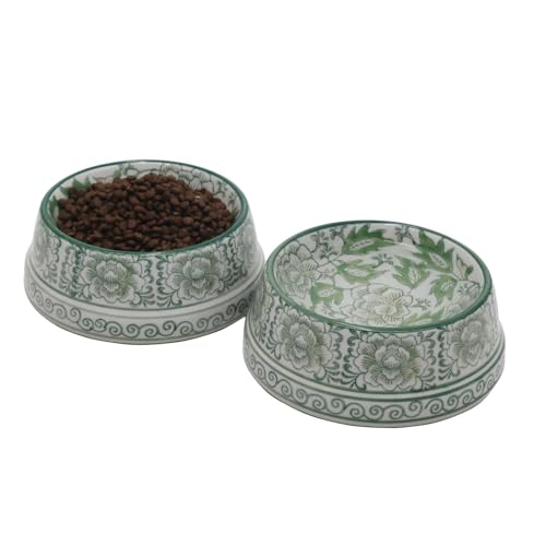Aimusego Ceramic Cute Dog Cat Bowl for Small Breeds, Handpainted Green & White Heavyweight Durable Pet Food and Water Dish Crock, Dishwasher Safe- 1.5 Cups - color: Green Peony scrolls-S, size: Small (11OZ)
