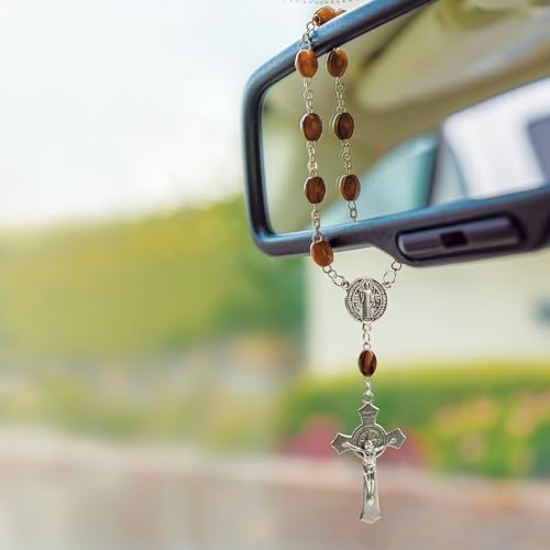 Car Rosary from The Holy Land of Bethlehem - 7” St Benedict Rosary with Crucifix & Saint Benedict Medal, Olive Wood Catholic Pocket Rosary with Wooden Rosary Beads & Lobster Clasp - color: Saint Benedict