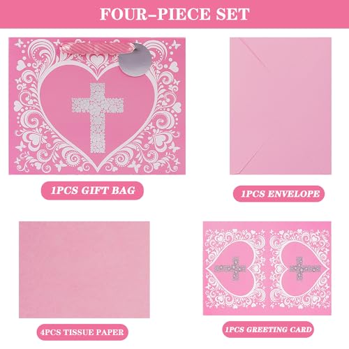 JWSCYSY 12.6" Large Pink Gift Bag with Metallic Silver Floral Cross Design, Card and Tissue Paper for Baby Girl Baptisms, Christenings, First Communions Religious - color: Pink 12.6"