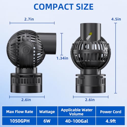 FREESEA Magnetic Wave Maker for Aquarium: 1s Mounts on 15mm Glass Secure | 6W 1050GPH 180°Adjustable Powerful Head Help Eliminate Dead Spots - Improve Water Quality for 40-100 Gallon Fish Tan - size: 1050 GPH (Black)