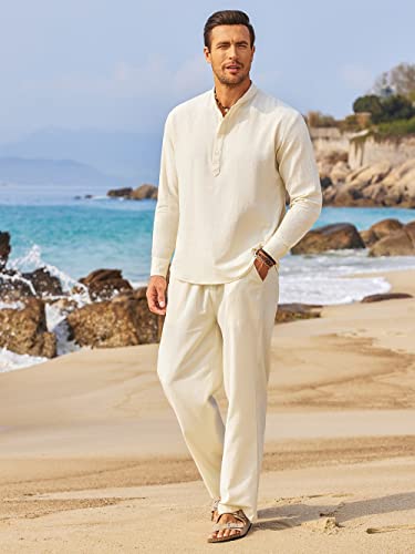 COOFANDY Men's 2 Pieces Cotton Linen Set Long Sleeve Henley Shirts Casual Beach Pants With Pockets Summer Yoga Outfits - color: Beige, size: Small