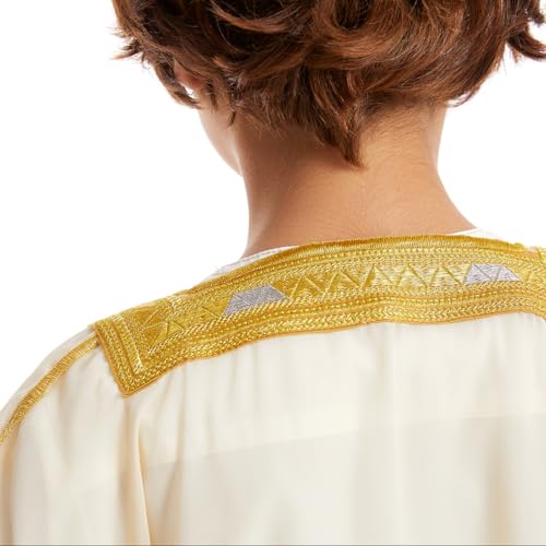IDOPIP Muslim Thobe for Boys Islamic Arabic Kaftan Robe Ramadan Kids Long Sleeve Embroidery Tassels Open Front Cardigan Thobe - color: Beige, size: 11-12 Years