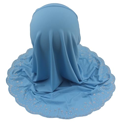 Girls Hijab with Rhinestones β Sparkly Non-Slip Amira Scarf for Kids, for Daily Prayer, School, Ramadan & Eid (Ages 4-12) - color: Sky Blue-wavy Edge