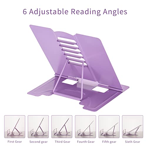 Metal Book Stand Adjustable Book Holder for Reading | Portable & Sturdy For Textbooks Cookbooks Sheet Music Papers Study - color: Full Purple