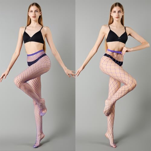 MengPa Women's Fishnets Tights High Waist Stockings Party Thigh High Pantyhose - color: 2pcs-purple