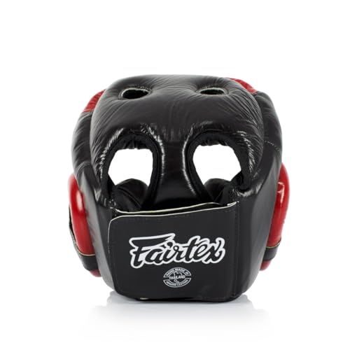 Fairtex Muay Thai & Boxing Headgear | Protective Sparring Head Guard with Adjustable Straps, Multi-Layer Padding, Enhanced Vision & Coverage - color: HG13 Full Head-Black/Red, size: X-Large
