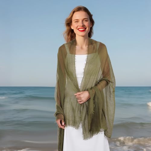 Nydotd Women Summer Cotton Linen Scarf Crinkle Long Beach Shawl Wrap hijab with Fringe - color: Army Green