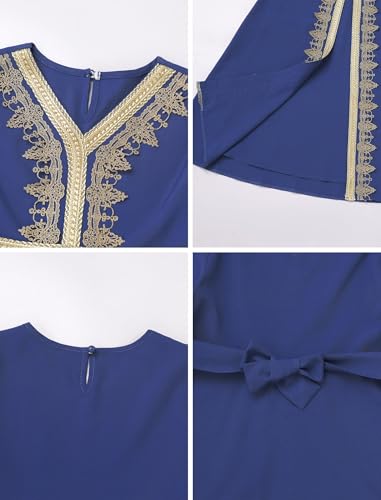 Muslim Dress for Kids Girls Abaya Middle East Ramadan Long Sleeve Lace Prayer Dress Arabic Kaftan with Belt - color: Royal Blue, size: 9-10 Years
