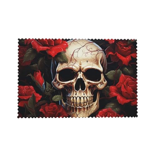 Placemats Set of 4 Heat Resistant Skull Rose-Red Place mat for Dining Table Non-Slip Table Mats Desktop Protection Pad Washable Place Mats for Kitchen Dining Outdoor - color: Skull Rose-red
