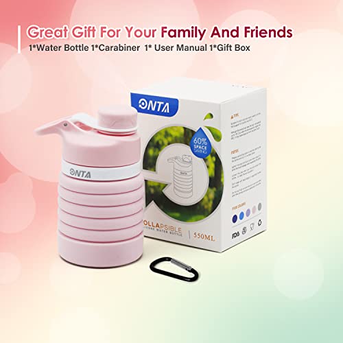 ONTA Collapsible BPA Free Silicone Water Bottle, 20oz - Portable, Leakproof, Easy Clean, Shatter Resistant, Travel Friendly - color: Pink, size: 18.6 Ounces