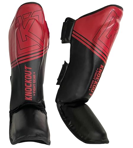 Muay Thai Shin Guards MMA Martial Arts -Padded, Adjustable Leg Guards with Instep Protection for Training and Sparring Gear Kickboxing Equipment – Durable, Professional - color: Black/Red, size: XS-CH