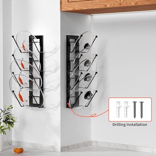 Cisily 8 Layers of Adjustable Pot Lid Organizer Rack for Cabinet Door/Wall,2Pack Lid Organizer Pots and Pans Holder for Kitchen Storage with No Drilling Adhesive 5.7 W“(Black)