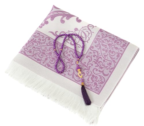 Prien Muslim Prayer Rug with Tasbih and Portable Bag, Muslim Gift for Women Men, Mubarak Islamic Box, Soft Mat Islam Gifts Set, Turkish Sajadah for Ramadan, Eid, Hajj, Travel, Pray (Purple) - color: Purple