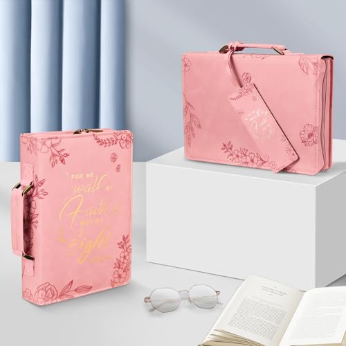FINPAC Large Classic Bible Cover Vegan Leather Carrying Book Case Church Bag Bible Protective with Handle, Gift for Women, Mother, Friends, Pink - color: Pink
