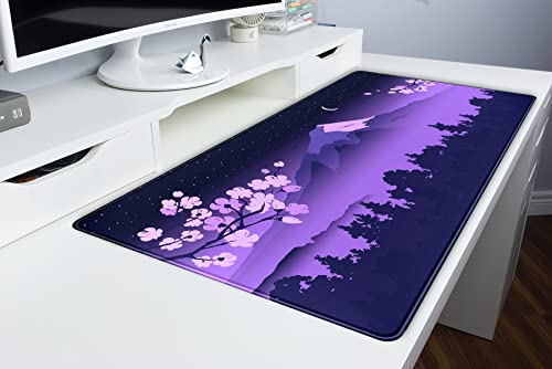 Purple Desk Mat Japanese Desk Pad Cute Fuji Mountain Gaming Mousepad Large, Cherry Blossom Mouse Pad XXL Desk Mats, Kawaii Anime Deskmats Desktop Protector Laptop Keyboard Mat Pad 31.5x15.75 in - color: Q-purple Cherry Blossom