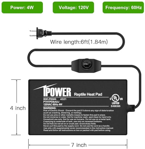 iPower 4 by 7-Inch 4 Watts Reptile Heating Mat with Temperature Controller Under Tank Warmer Terrarium Heat Pad for Reptiles and Amphibians, Black - size: 4" x 7", style: Heat Pad with Adjust Knob