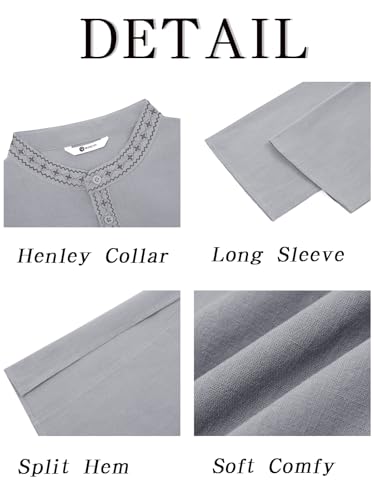 Runcati Mens Cotton Kaftan Robe Long Sleeve Button Down Henley Shirts Thobe Casual Side Split Gown Shirt - color: Gray, size: Large