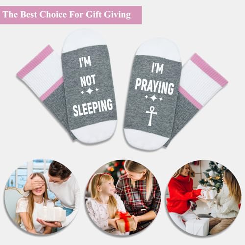 I'm Not Sleeping - Christian Faith Cross Socks Crew Socks, Religious Socks for Adults Teens Prayer, Pastor Gifts - color: White and Gray