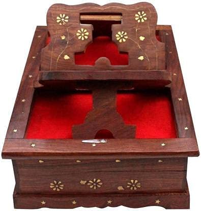 Wooden Foldable Holy Book Stand with Storage Box, Brass Inlay Design, Antique Finish, Brown, for Quran, Bible, Gita