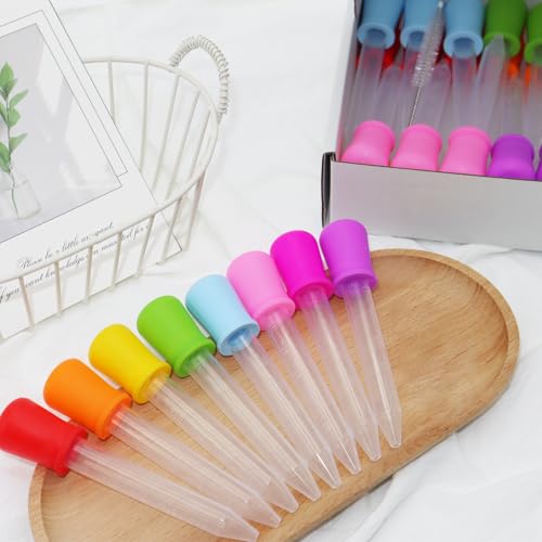 24 Pack Liquid Droppers with a Clean Brush, 5ML 8 Colors Silicone and Plastic Pipettes with Bulb Tip, Medicine Eye Dropper for Crafts/Candy Mold/Gummy Bear Maker/Oil