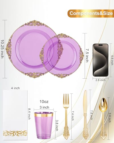 Nervure 175PCS Clear Purple Plastic Plates - Purple Party Plates Set for 25 Guests Include 25Dinner Plate, 25Dessert Plate, 25Cups, 75 Cutlery, 25Napkins Perfect for Wedding, Party & Bridal - color: Transparent Purple, style: 175Pcs(25Guests)