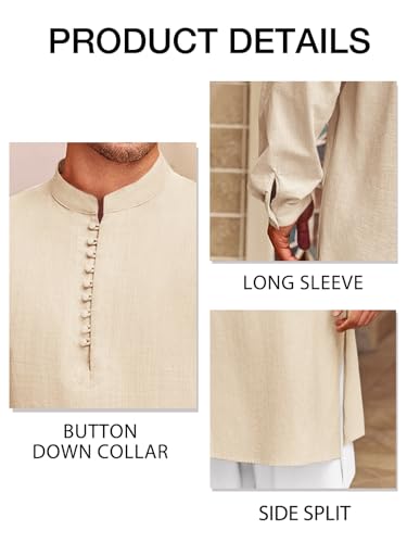 Runcati Mens Kaftan Thobe Button Down Henley Shirts Robe Long Sleeve Casual Cotton Linen Muslim Gown Shirt - color: Beige, size: Large