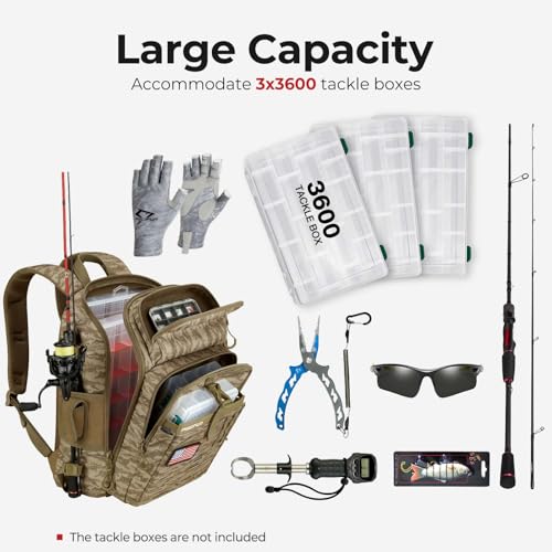Piscifun Fishing Tackle Backpack, Rod & Gear Holder, Water-Resistant | 15L storage, breathable padding & adjustable shoulder straps, MOLLE panel, Khaki Camouflage - color: Khaki Camouflage, size: Standard
