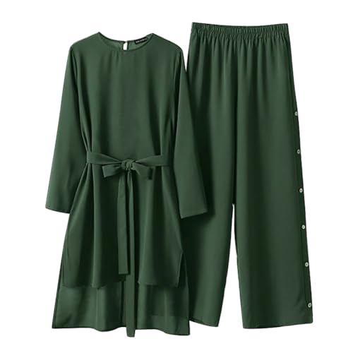 2 Piece Abaya for Women Muslim Long Sleeve Loose Top Pants Set Casual Eid Ramadan Outfits Dubai Islamic Muslim Clothes - color: Dark Green, size: Medium