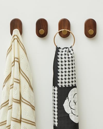 Wood Coat Hooks Wall Mount - Modern Walnut Coat Hook with Bronze Accent for Hanging Clothes,Keys,Purse,Robes,Towel,Backpacks, Single Brass Wall Hooks Heavy Duty for Entryway, Closet, Bathroom (4 Pack) - style: 4 Pack