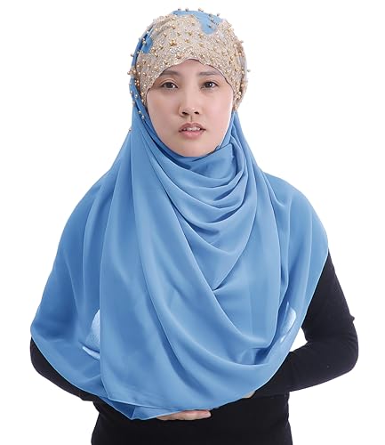 Lina & Lily Premium Chiffon Hijab Head Scarf Wrap with Gold Sequins Glitters Beads for Muslim Women - color: Azure Blue