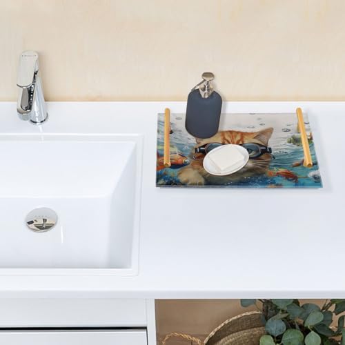 Cat Fish Vanity Tray,Bathroom Tray,Jewelry Storage Dresser Tray Kitchen Sink Toilet Tank Tray Organizer for Candle Plant Perfume Shampoo Towel Home Decor 7.87 * 11.81in 2011086