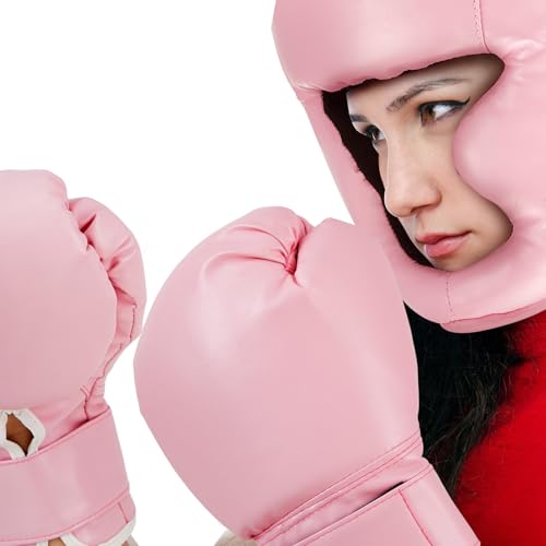 Kanayu 14 Pcs Boxing Gloves and Headgear Set for Beginners Youth 16 Ounce Boxing Gloves Headgear Helmet Hand Wraps Mouth Guards Equipment for Beginners Training Equipment Gifts - color: Purple, Pink