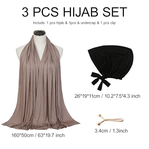 Hijab Scarf for Women, 3PCS Set with Undercap and Hijab Clip Lightweight Modal Muslim Head Wrap Scarf for Daily - color: Sy13-khika Hijab+black Undercap
