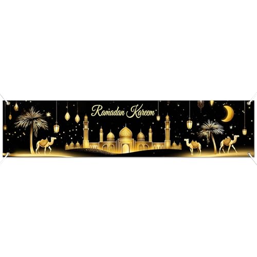 BlissYard Ramadan Decorations Banner Eid Mubarak Kareem Islamic Decor Long Mosque Moon Star Home Party Backdrop Reusable Polyester Wall Hanging 78x17 Inch Muslim Holiday Display
