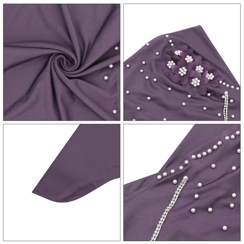 RARITYUS Women Bling Rhinestone Pearl Instant Scarf Muslim Hijab Fashion Shawl Head Wrap Turban Cap with Flower Accent - color: Purple