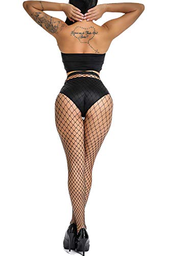 E-Laurels Womens High Waist Patterned Fishnet Tights Suspenders Pantyhose Thigh High Stockings Black - color: Black L Hole