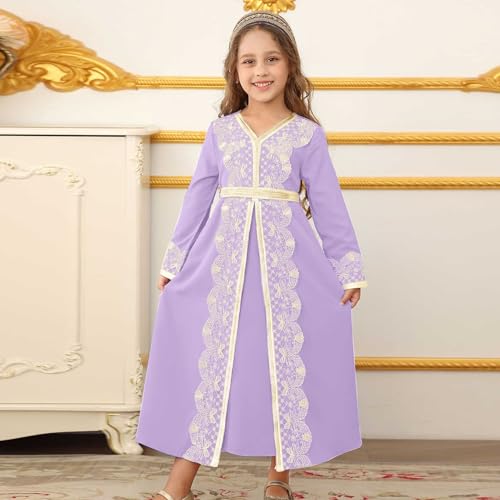 Kids Girls Ramadan Muslim Lace Trim Maxi Dress with Belt Prayer Arabic Kaftan Dubai Islamic Eid Dresses - color: Purple, size: 12-13 Years