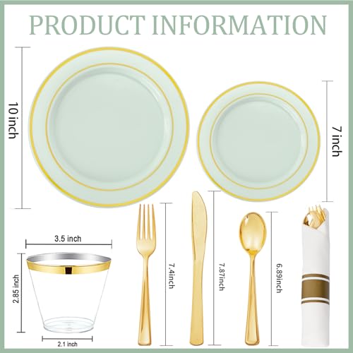 WDF Partyware 350PCS Green Plates Disposable - Sage Green Plastic Plates 50Guests Plastic Dinnerware with Rolled Napkins for Party/Birthday/Spring - color: Sage Green, size: 350