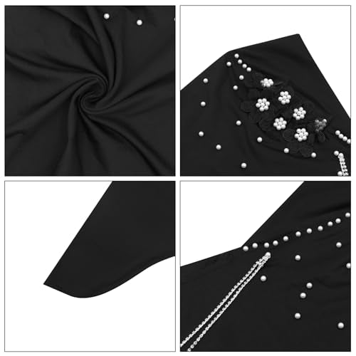 RARITYUS Women Bling Rhinestone Pearl Instant Scarf Muslim Hijab Fashion Shawl Head Wrap Turban Cap with Flower Accent - color: Black
