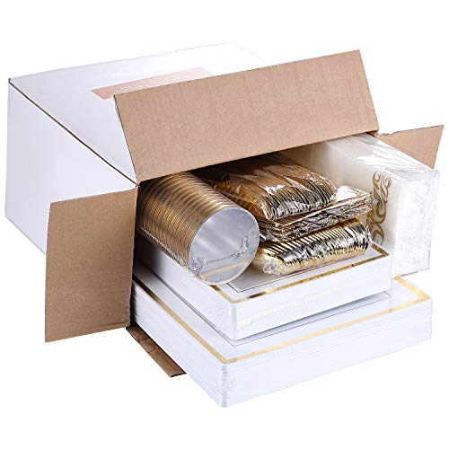 FOCUSLINE 175 Count Gold Dinnerware Set for 25 Guests - Square Plastic Plates with Gold Rim, Includes 25 Disposable Dinner & Dessert Plates, Napkins, Cups, Cutlery Set for Wedding Parties - color: Gold Rim Square Plates
