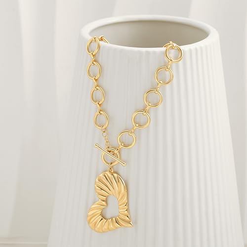 POTESSA 18K Gold Plated Pendant Necklace Medallion Coin Heart Y Shaped Chain Toggle Necklace for Women Jewelry - color: Gold Statement Heart