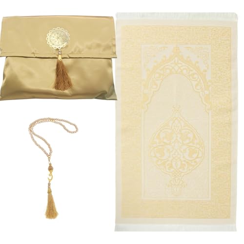 Muslim Prayer Mat Set with Tasbih & Carry Bag, Islamic Prayer Rug Sajadah for Men & Women, Premium Foldable Janamaz Portable Mat for Office, Travel, Ramadan Eid Mubarak Gift Golden - color: Golden
